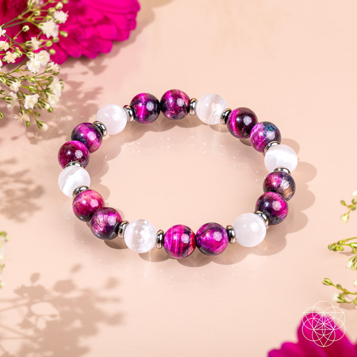 Pink Galaxy Tiger's Eye & Selenite Bracelet – Natural Crystal Beads