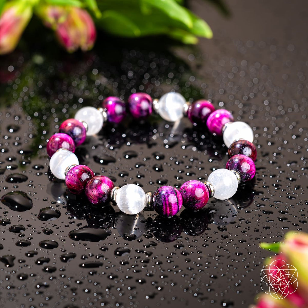 Pink Galaxy Tiger's Eye & Selenite Bracelet – Natural Crystal Beads