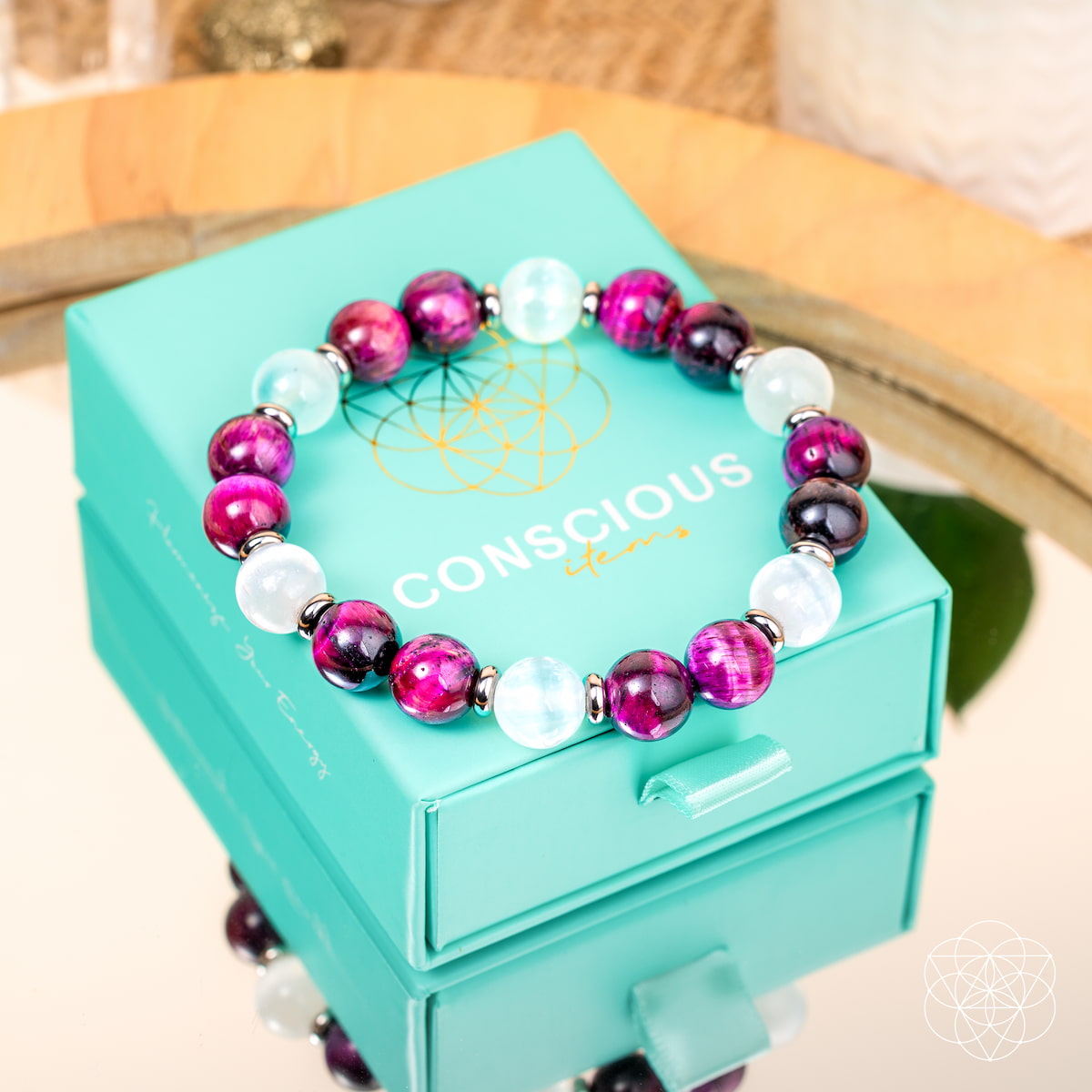 Pink Galaxy Tiger's Eye & Selenite Bracelet – Natural Crystal Beads