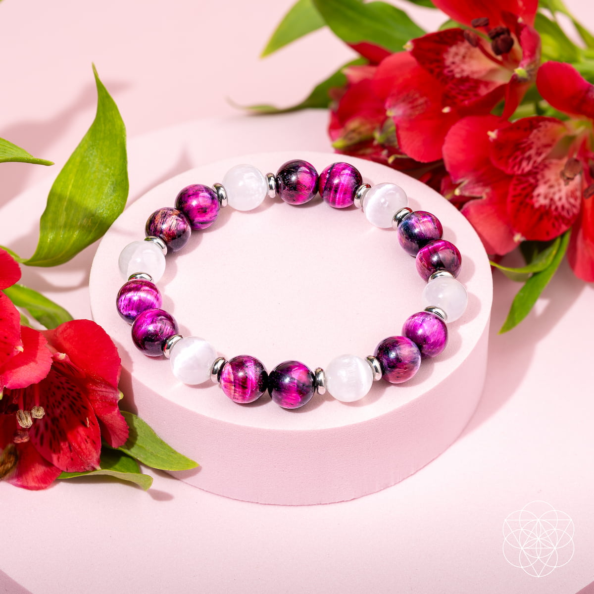 Pink Galaxy Tiger's Eye & Selenite Bracelet – Natural Crystal Beads