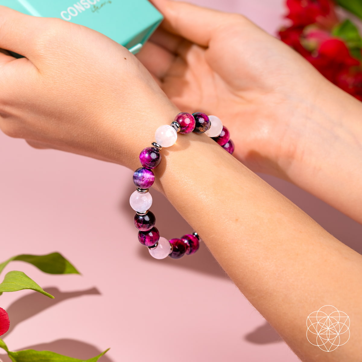 Pink Galaxy Tiger's Eye & Selenite Bracelet – Natural Crystal Beads