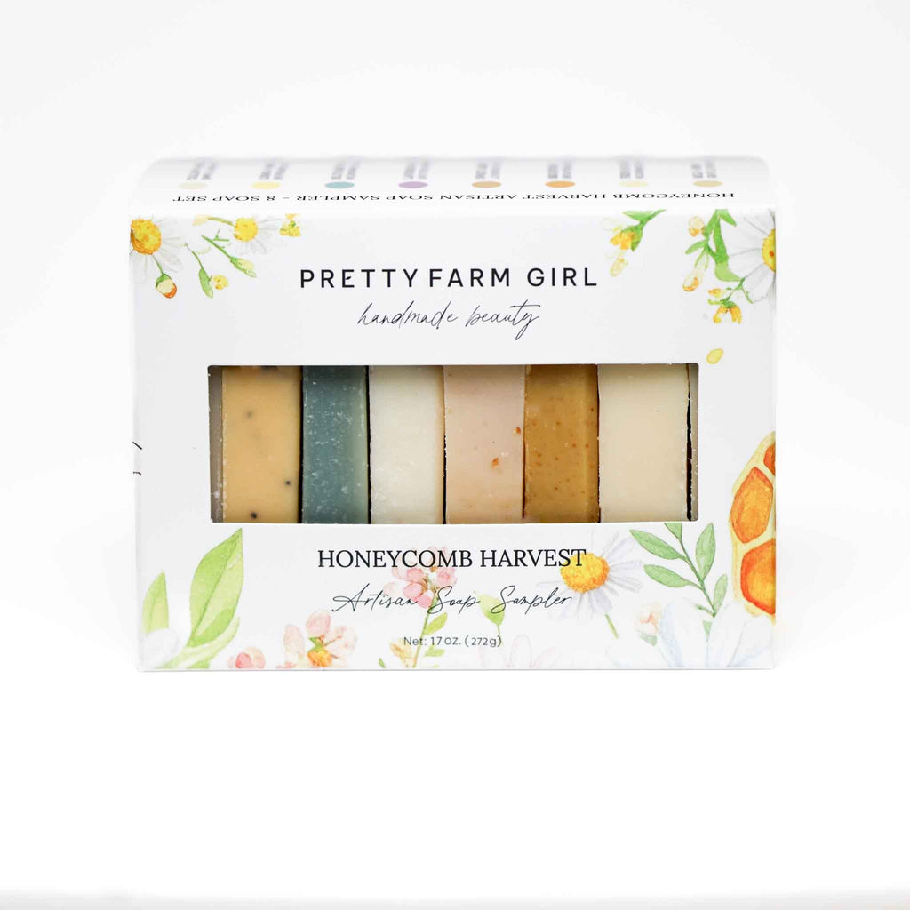 Pretty Farm Girl Honeycomb Harvest artisan soap sampler box with floral design revealing colorful goat milk and tallow soap bars.