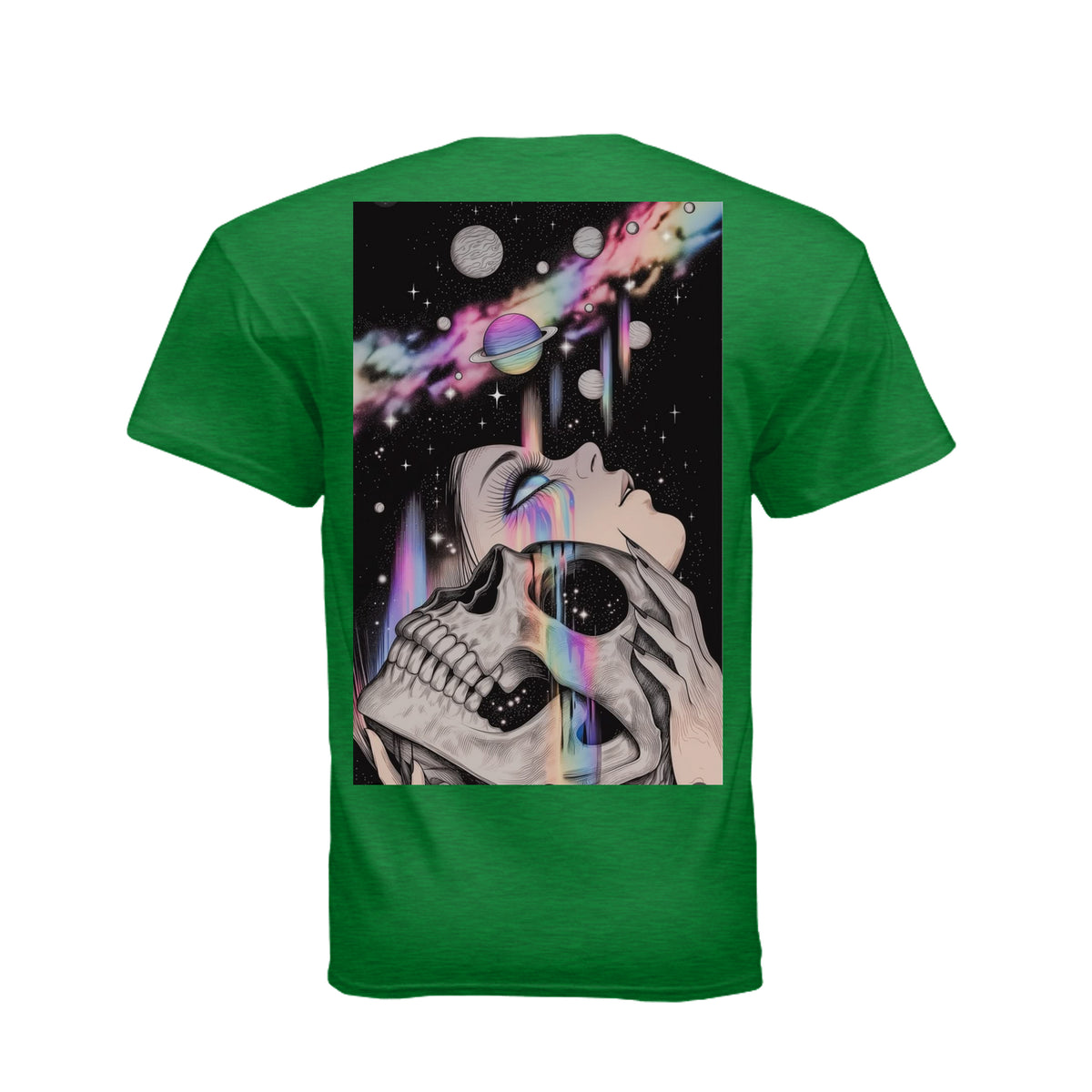 Green t-shirt featuring Skull Luv graphic art of a woman holding a skull merged with a colorful cosmic galaxy and floating planets.