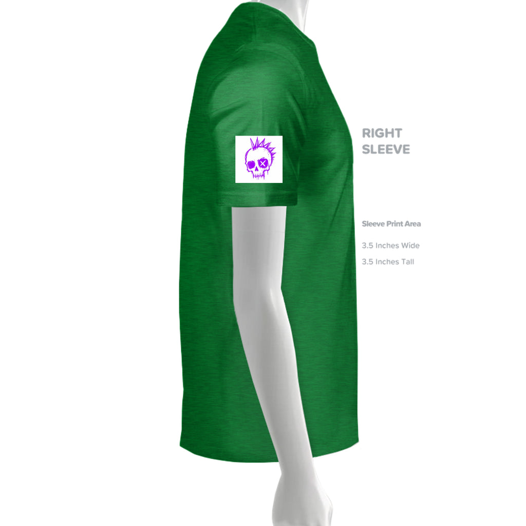 Green t-shirt sleeve mockup featuring a purple punk skull graphic with mohawk and X eyes for Skull Luv Cosmic Forces design.