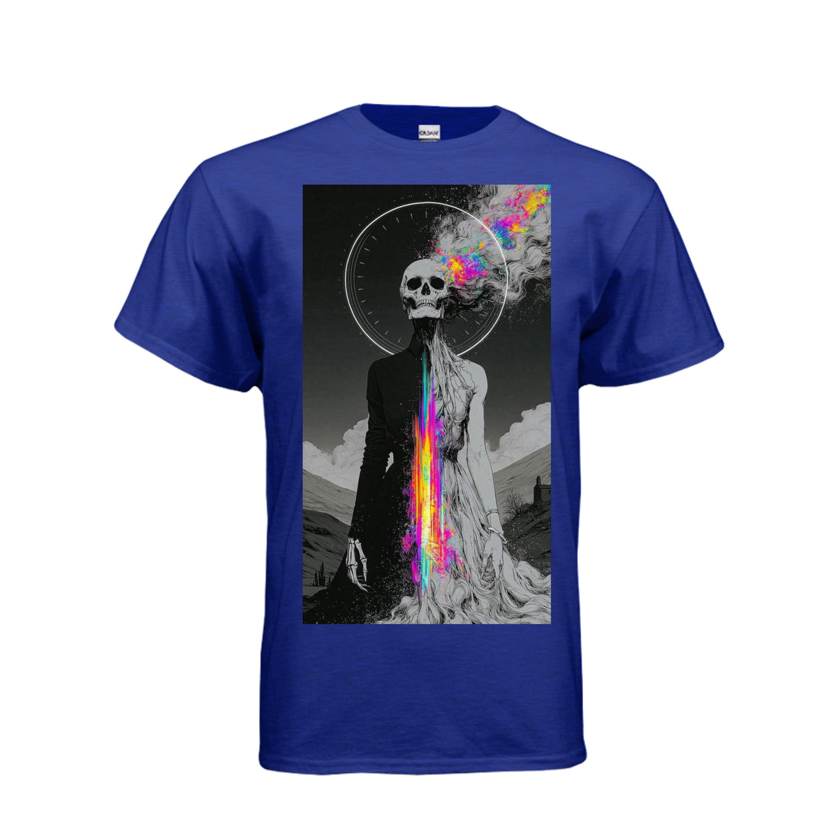 Skull Luv and Cosmic Forces graphic tee featuring a skull figure with vibrant rainbow energy against a dark landscape.