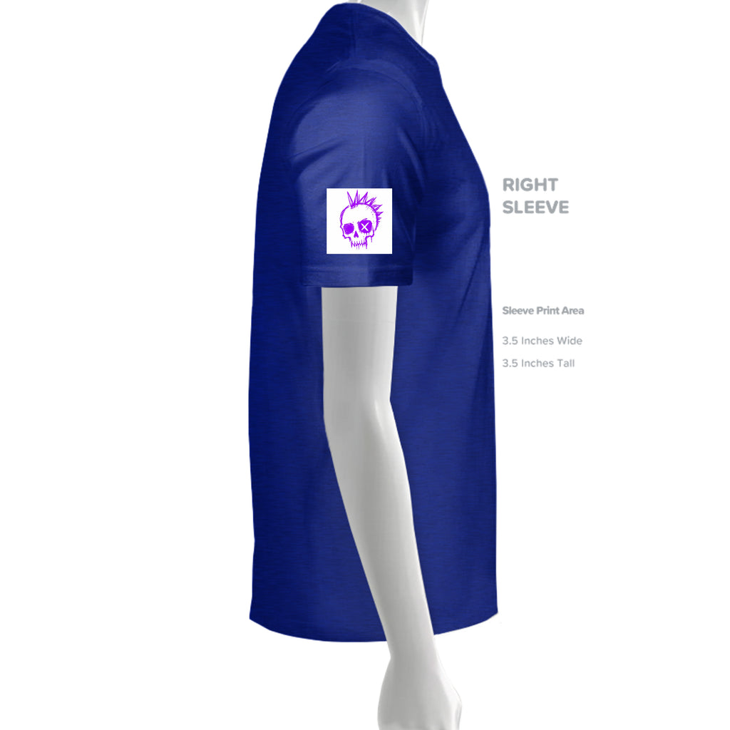 Purple punk skull graphic with spikes printed on the right sleeve of a blue cotton t-shirt.