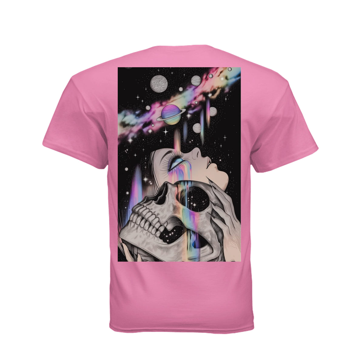 Pink t-shirt back featuring Skull Luv & Cosmic Forces art: a woman holds a skull against a rainbow nebula and planets.