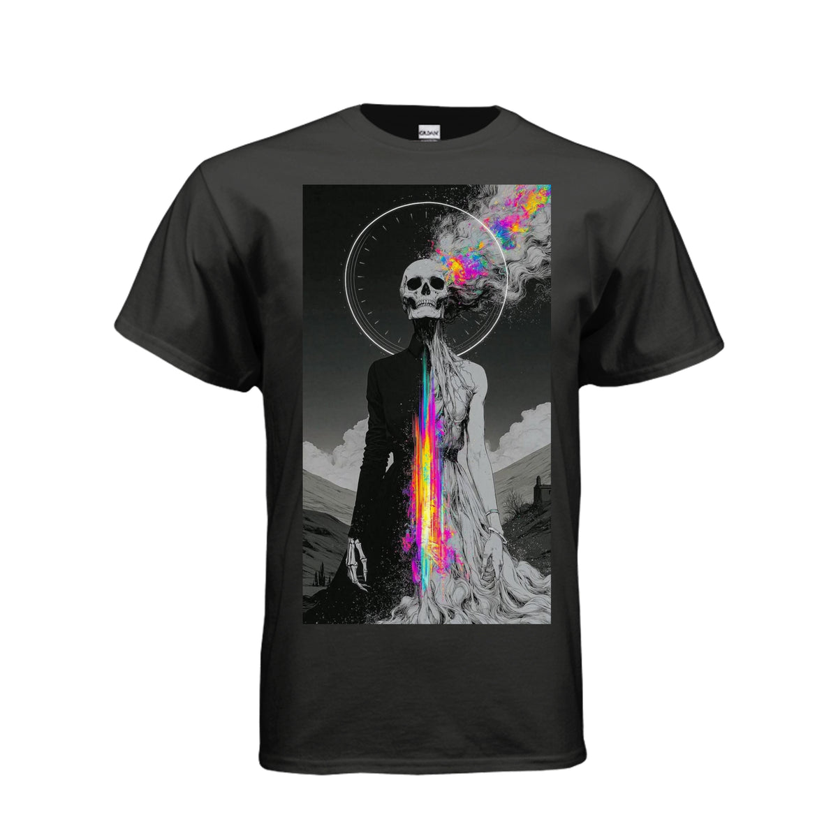 Black t-shirt featuring Skull Luv Cosmic Forces art: a skull figure with colorful galaxy smoke and a neon vertical split against a grayscale landscape.