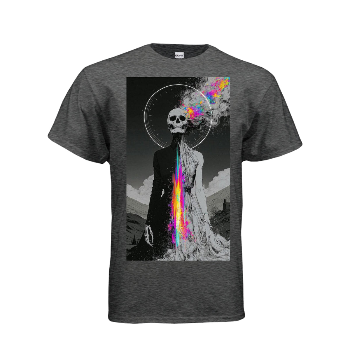 Gravity-defying skull luv graphic tee featuring colorful cosmic forces artwork on a heather grey cotton shirt.