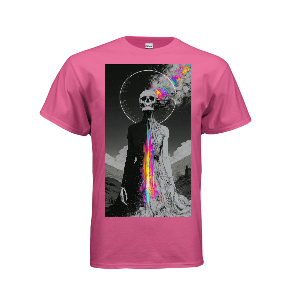 Pink tee featuring Skull Luv Cosmic Forces art: a skeletal figure with a vibrant rainbow energy beam splitting its black and white form.