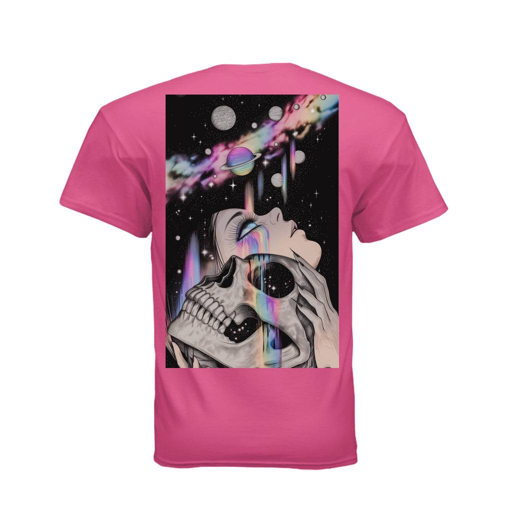 Pink graphic tee featuring Skull Luv Cosmic Forces artwork: a skull and woman face merging with colorful galaxies and planets.