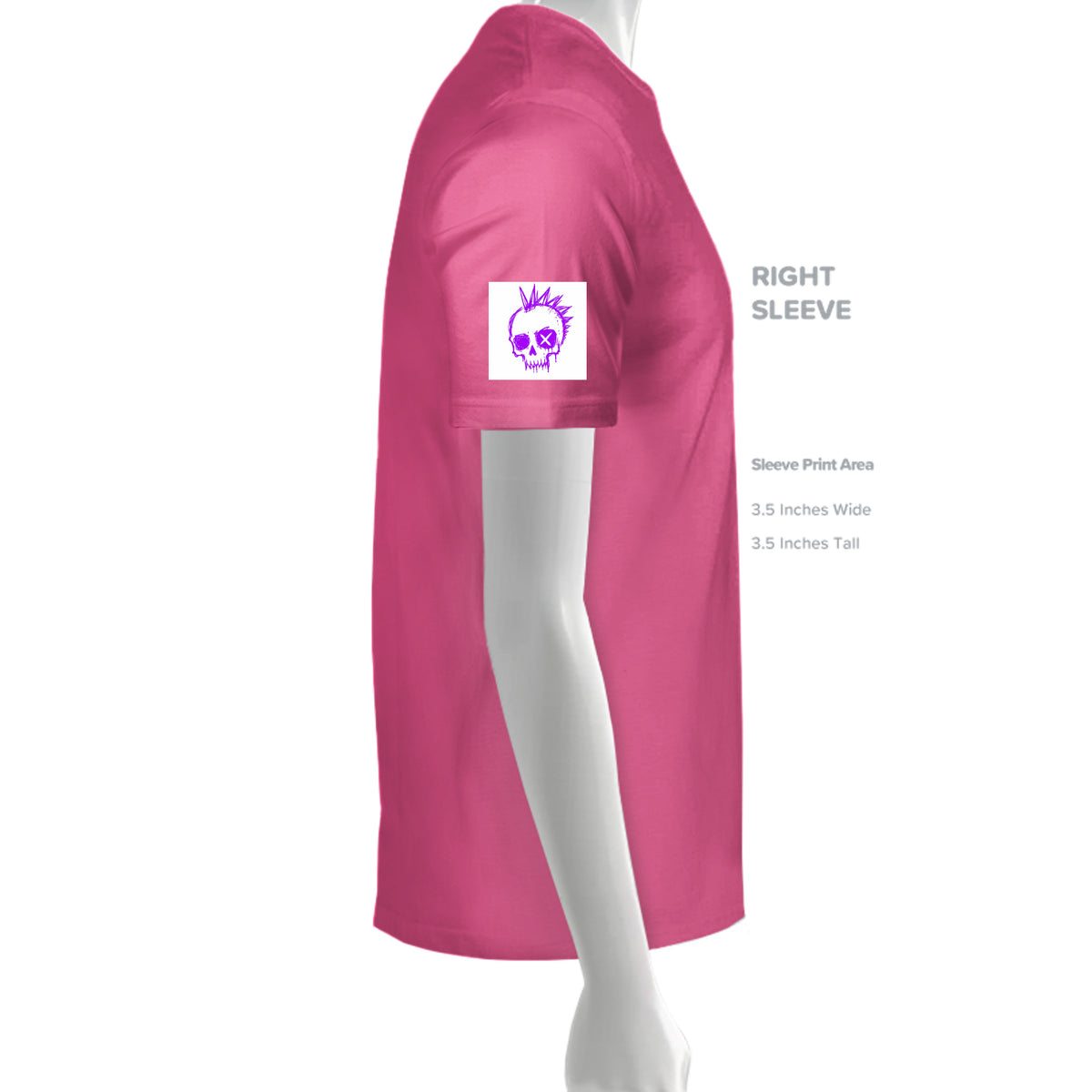Pink t-shirt on mannequin showing right sleeve print area with a purple punk skull graphic, Skull Luv Cosmic Forces design.