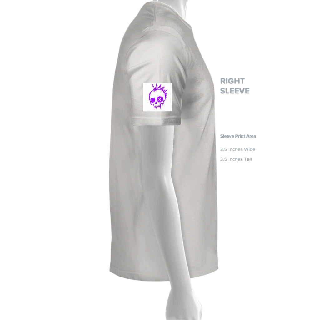 Purple punk skull with spiky hair and X eyes printed on the right sleeve of a grey Gildan cotton T-shirt.