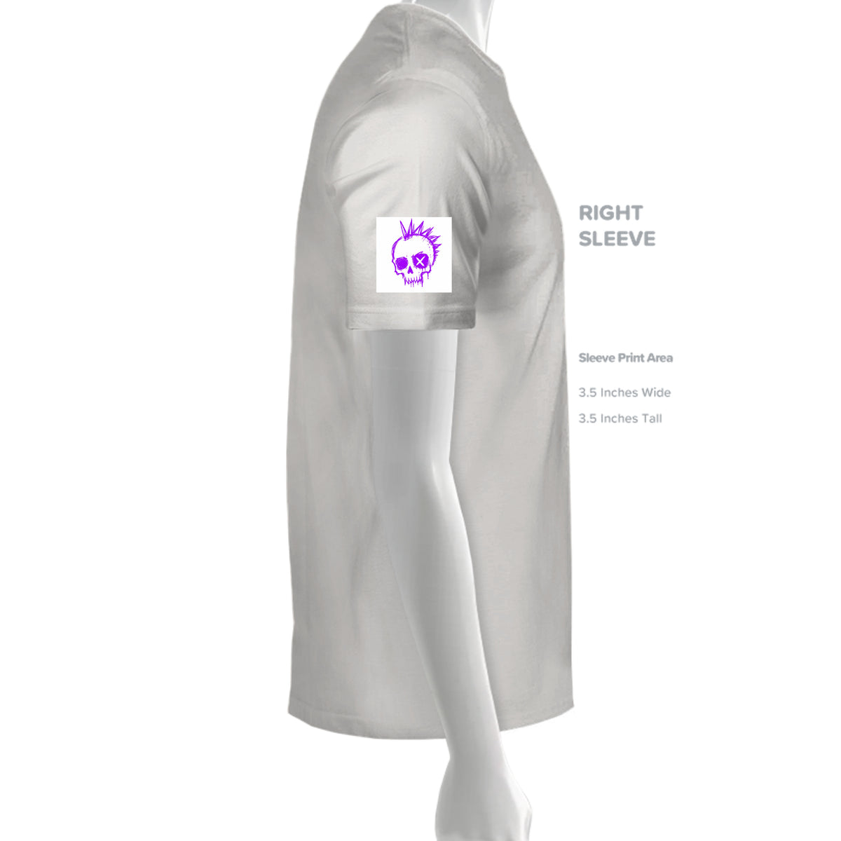 Purple punk skull with spiky hair and X eyes printed on the right sleeve of a grey Gildan cotton T-shirt.