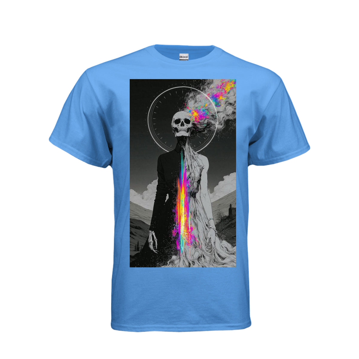 Blue Gildan tee featuring Skull Luv Cosmic Forces art: a spectral skull figure with vibrant rainbow energy streams against a grayscale landscape.