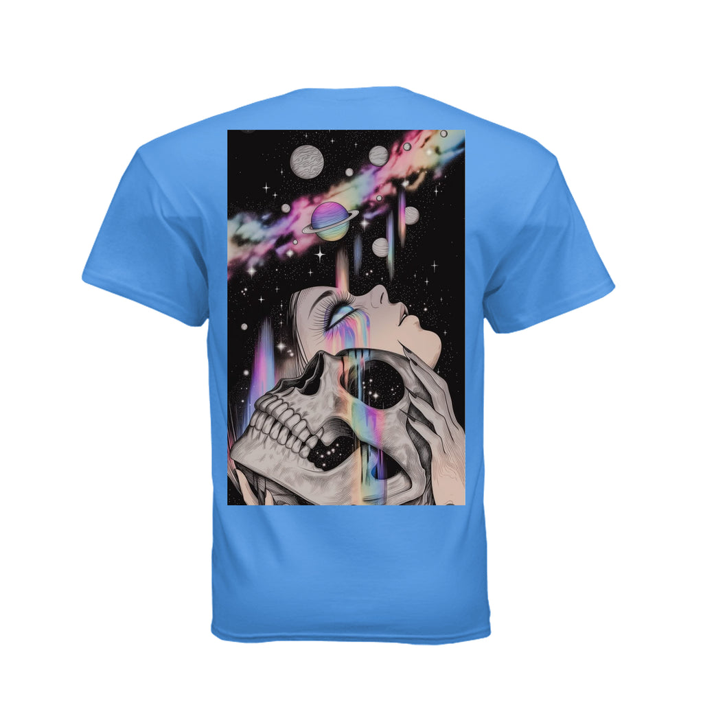 Blue graphic tee featuring cosmic skull art with a woman holding a skull against a galaxy background of planets and neon nebulae.