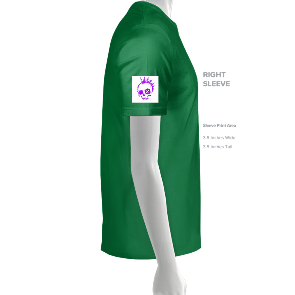 Green t-shirt sleeve mockup featuring the purple Skull Luv & Cosmic Forces punk skull design in the 3.5-inch right sleeve print area.