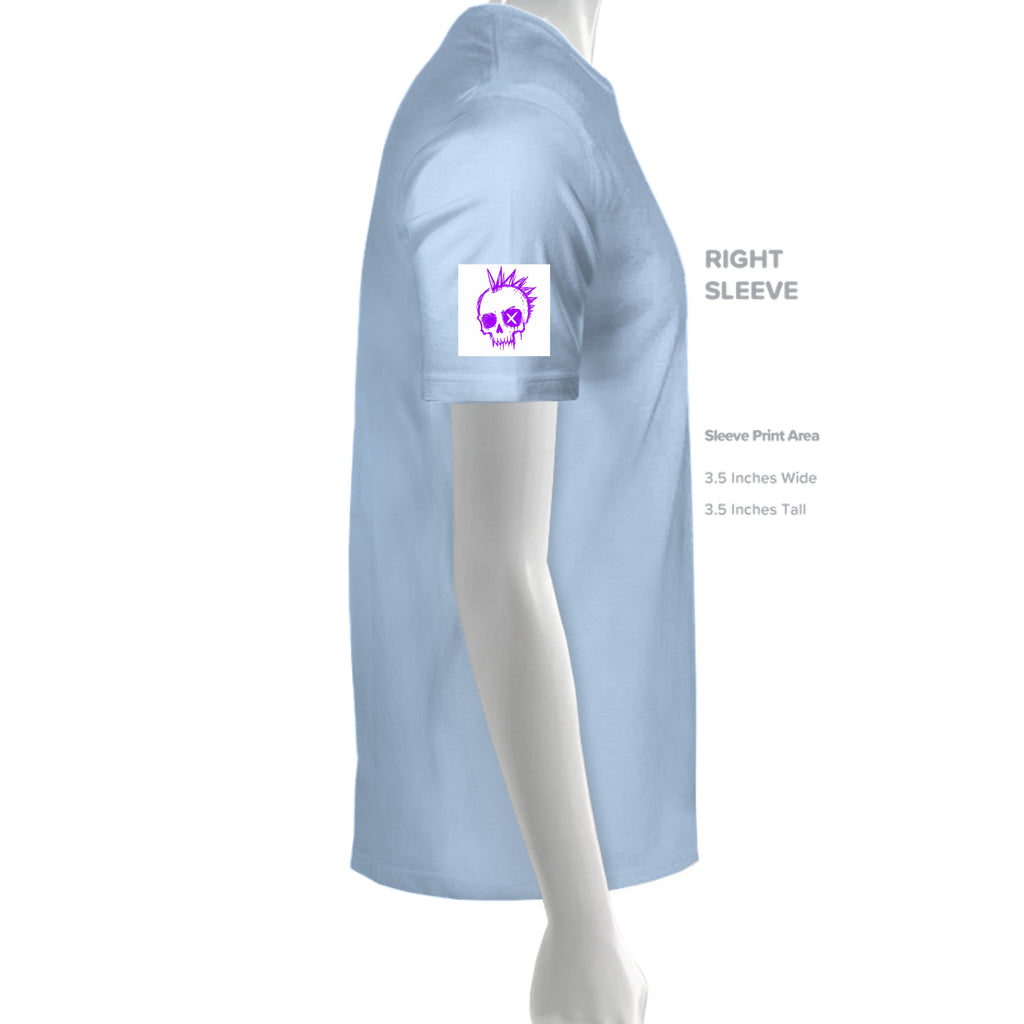 Purple punk skull graphic with mohawk printed on the right sleeve of a light blue cotton t-shirt mockup.