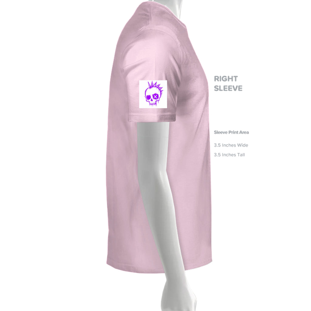 Pink t-shirt sleeve mockup showing purple punk skull graphic print area for Skull Luv & Cosmic Forces design on Gildan cotton tee.