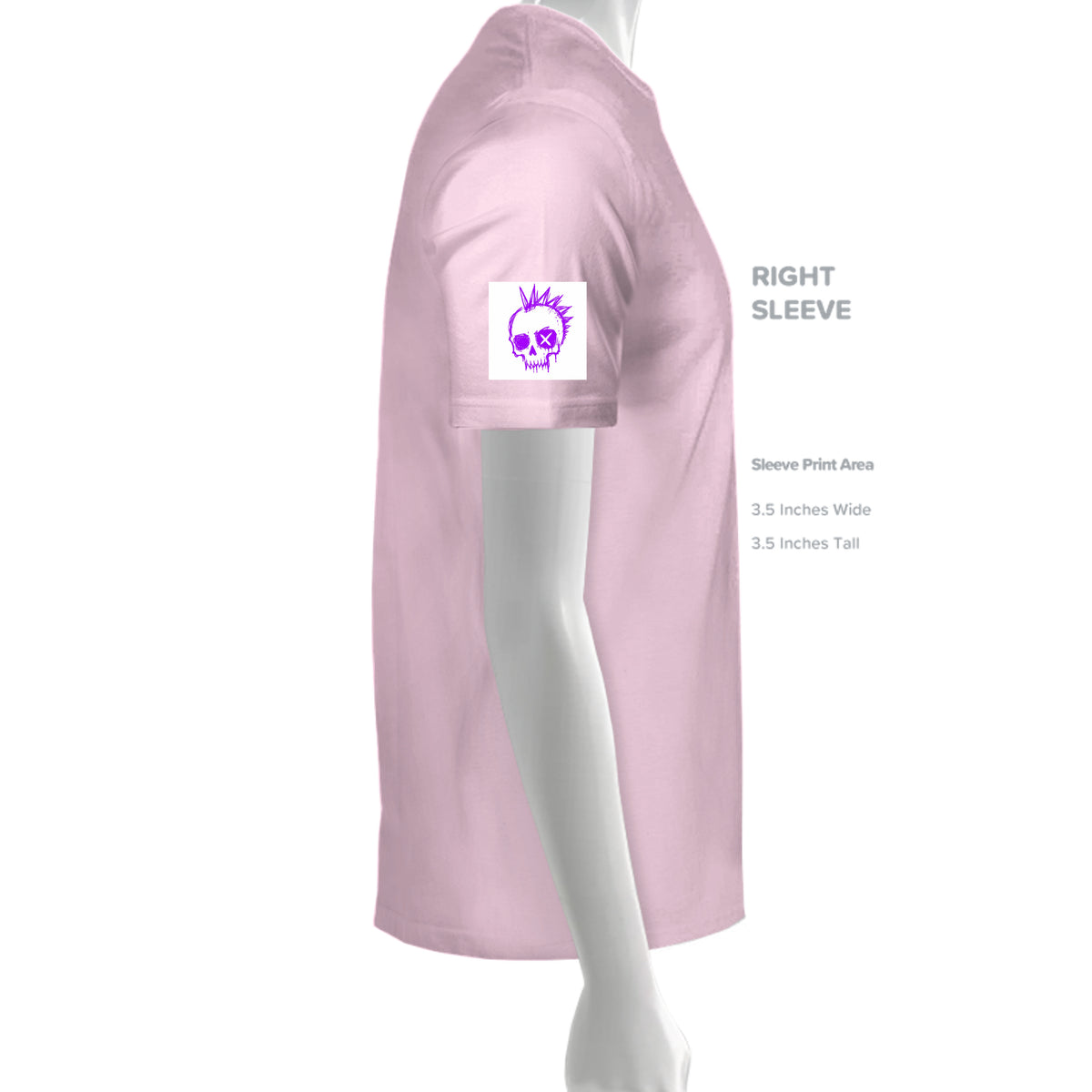 Pink t-shirt sleeve mockup showing purple punk skull graphic print area for Skull Luv & Cosmic Forces design on Gildan cotton tee.