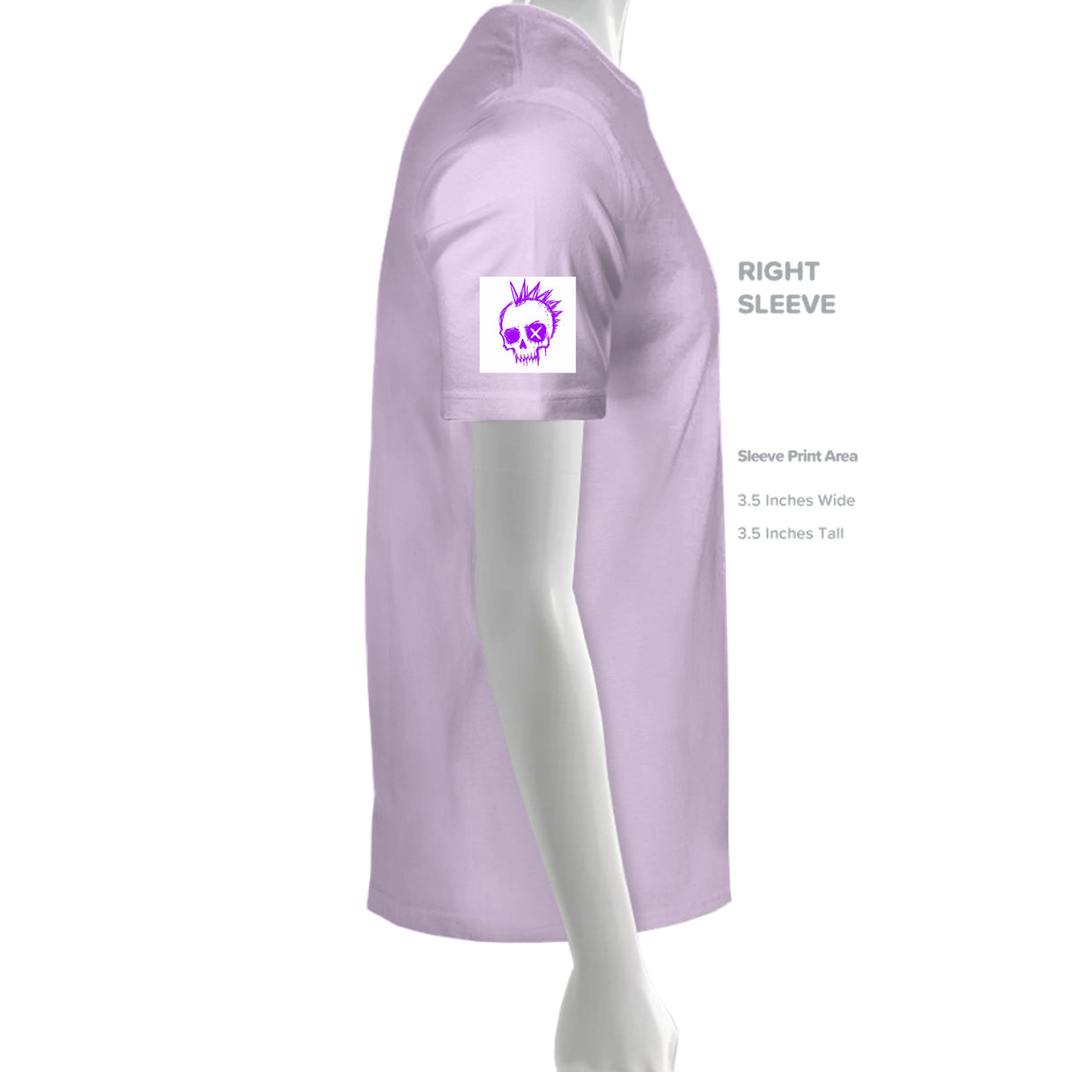 Purple Skull Luv Cosmic Forces graphic tee sleeve print mockup showing a punk skull design on a light purple shirt.