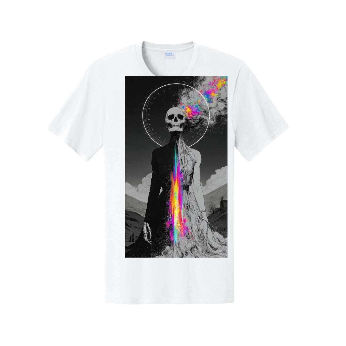 Skull Luv Cosmic Forces graphic tee featuring a spiritual skull figure with vibrant rainbow energy and halo.