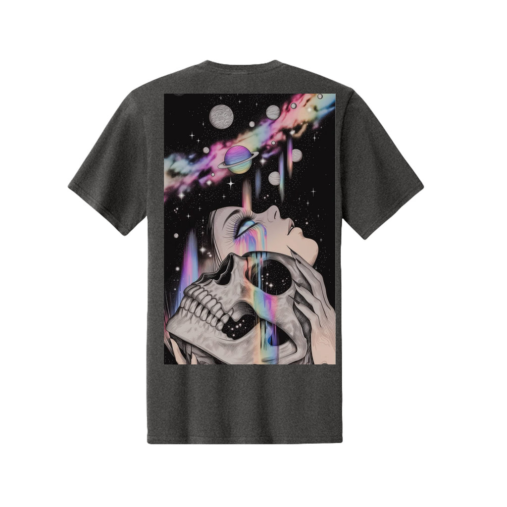 Cosmic skull artwork on dark grey tee features a woman holding a skull with rainbow nebula and planets.
