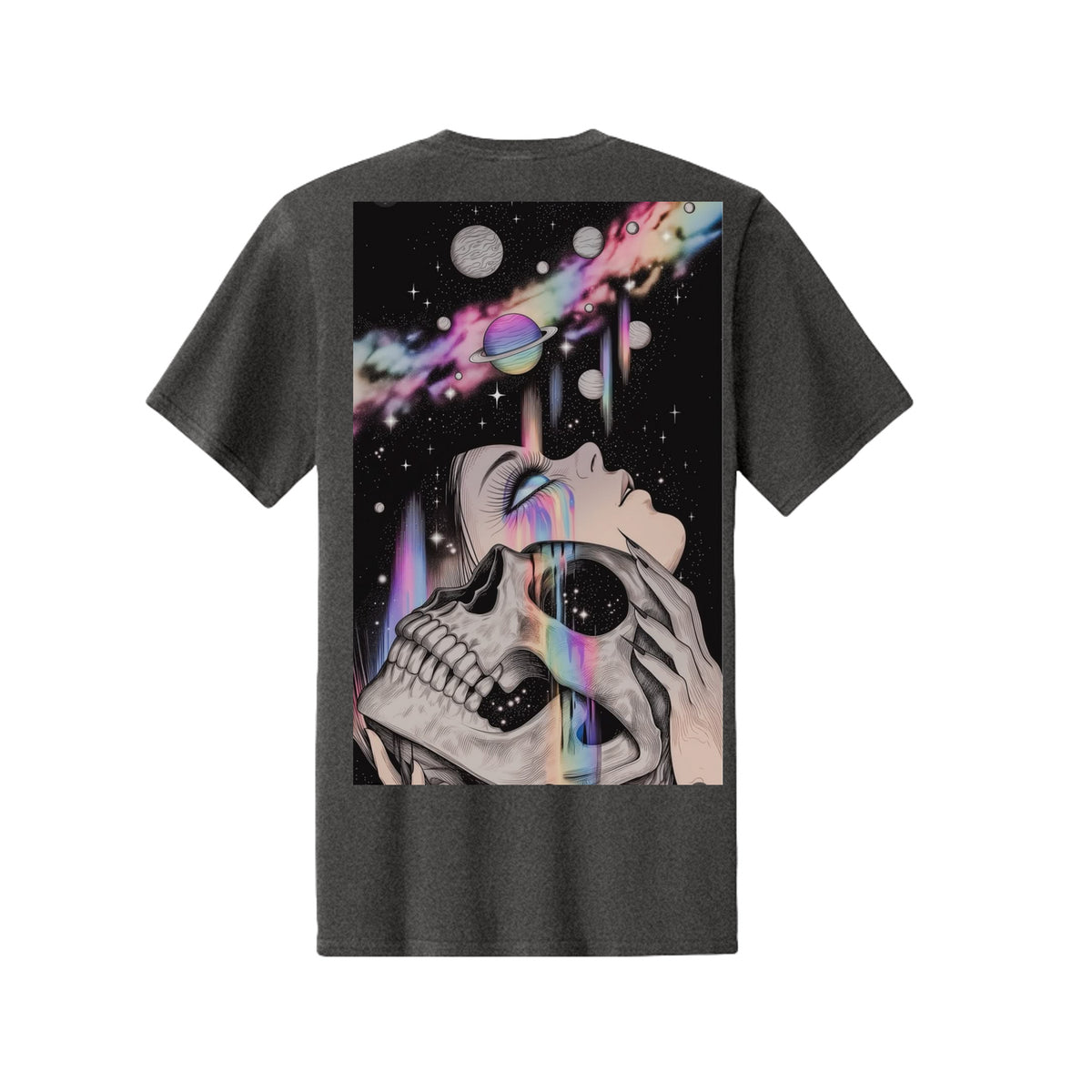 Cosmic skull artwork on dark grey tee features a woman holding a skull with rainbow nebula and planets.