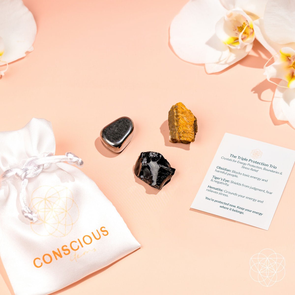 Protection Crystal Trio – Obsidian, Tiger's Eye & Hematite